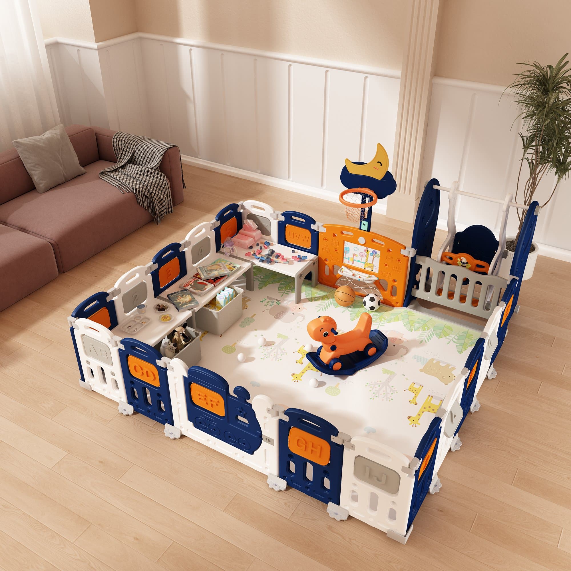 Baby playpen and indoor activity products in a home playroom scene