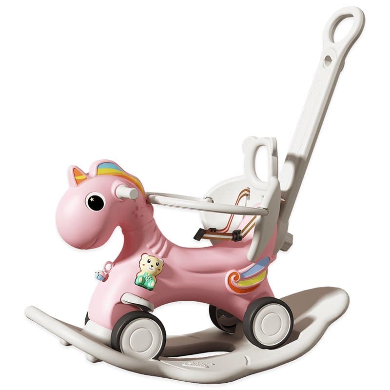 Pink rocking horse with push handle for toddler ride-on toy channels